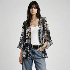 Vintage Simply Silk Floral Burnout Fairy Top S Black Silver Sheer Open 90s Y2K